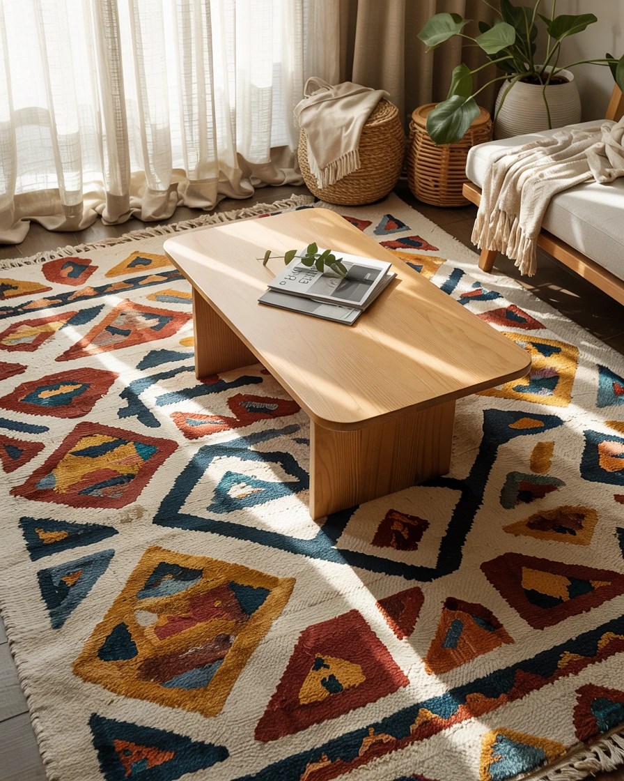 cozy boho-style living room with a bold, patterned rug