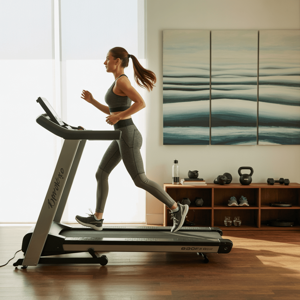 a woman exercising on a treadmill in a bright, minimalist home gym