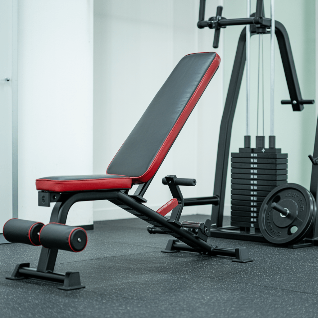 a red and black adjustable weight bench set against a clean, white home gym wall