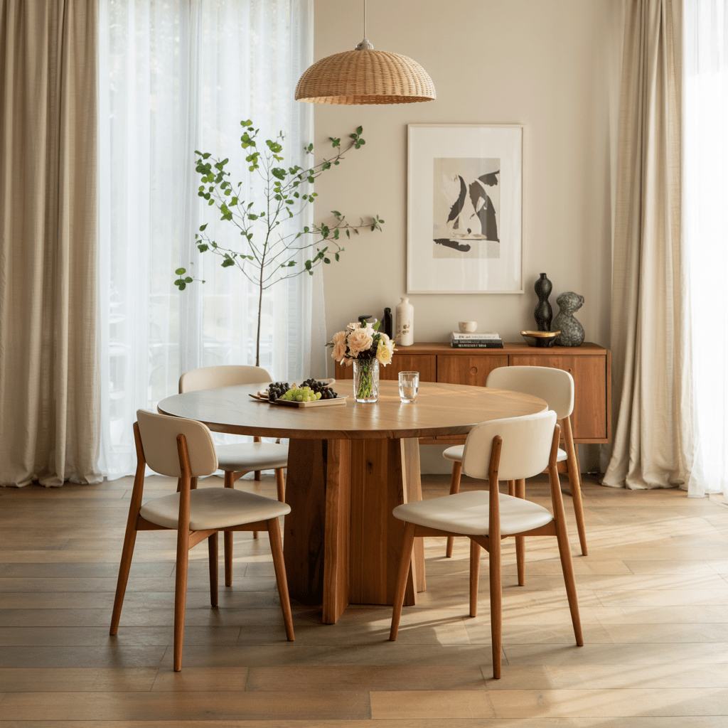 An exquisite round dining table set against a backdrop of minimalist, light-filled space