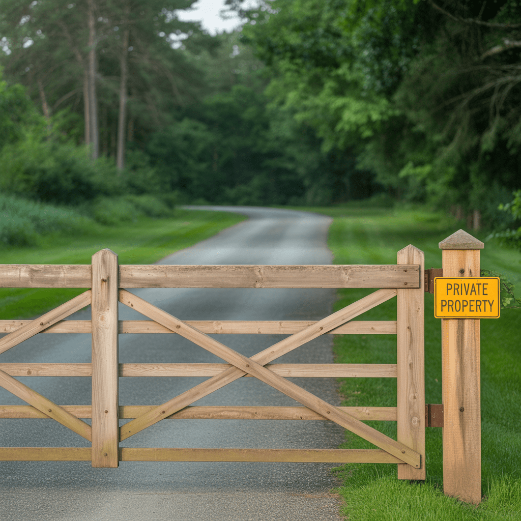 A wooden split rail driveway gate on a paved asphalt road