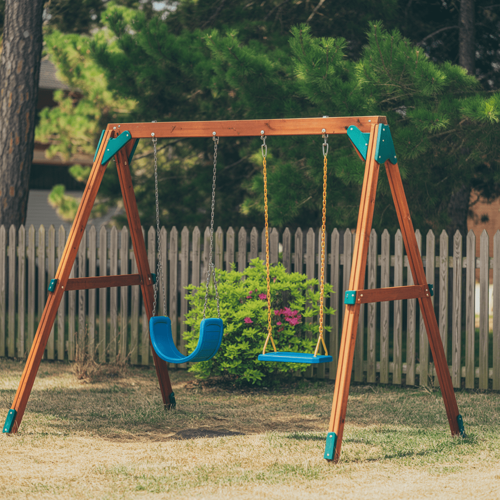 a classic wooden swing set in a kid-friendly backyard