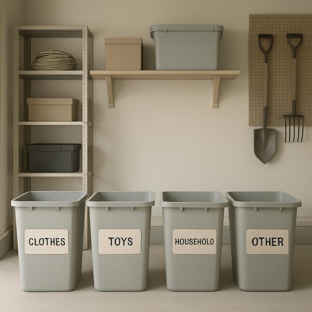 The image shows a well-organized storage room with a shelving unit on one side and beige recycling bins in front, which he...