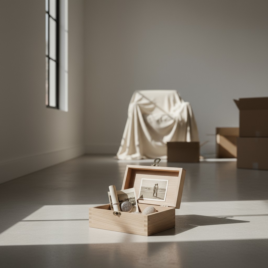 A light wooden box with a small picture of a couple on the sandy beach, a wooden ring, and a rolled-up paper inside the bo...