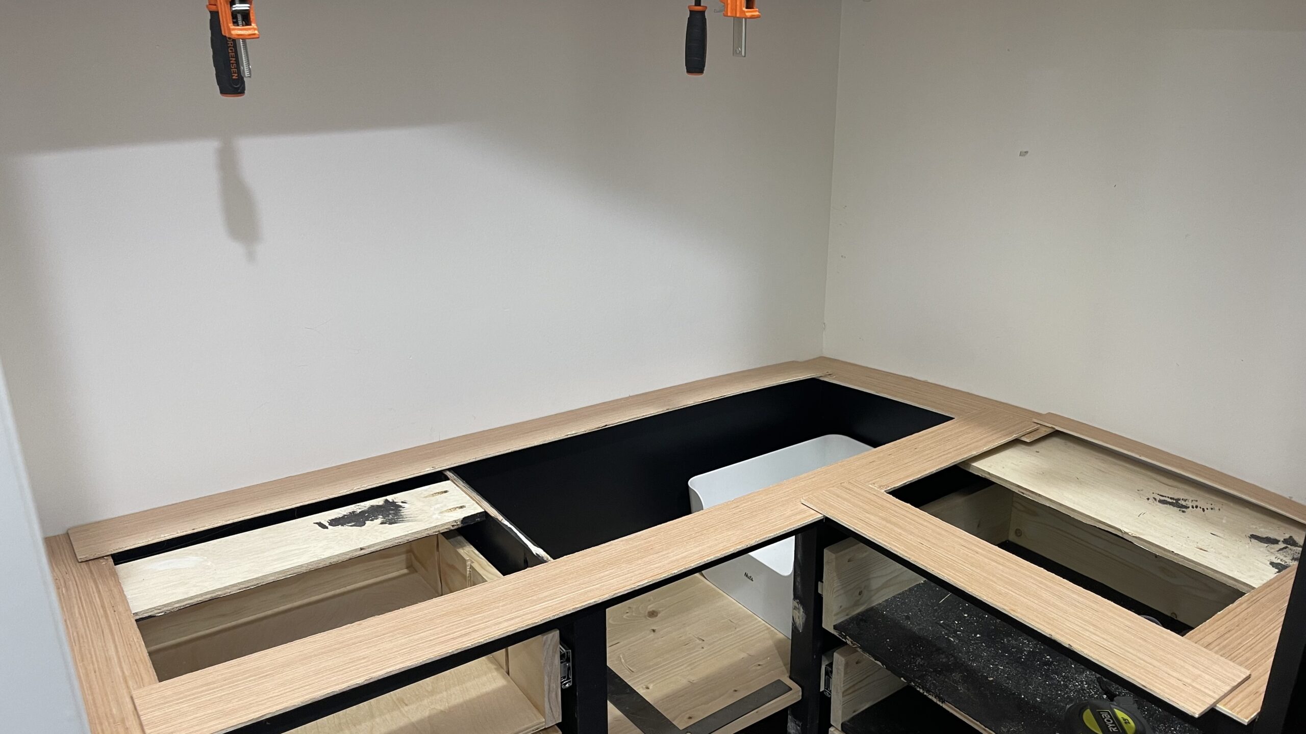 tracing counter top with 1/4 plywood DIY pantry