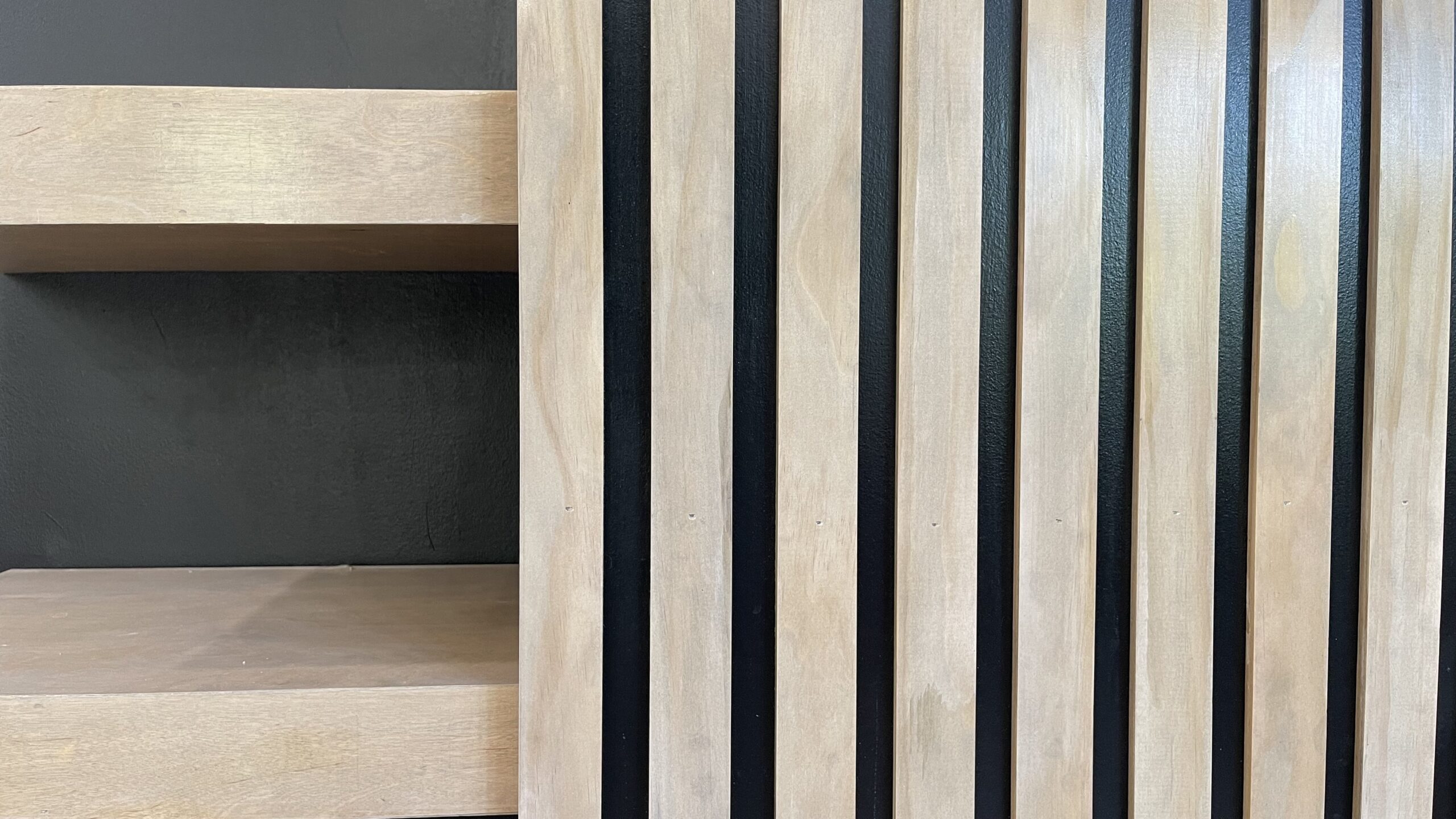 diy coat area slat wall and floating shelves staining pine to oak