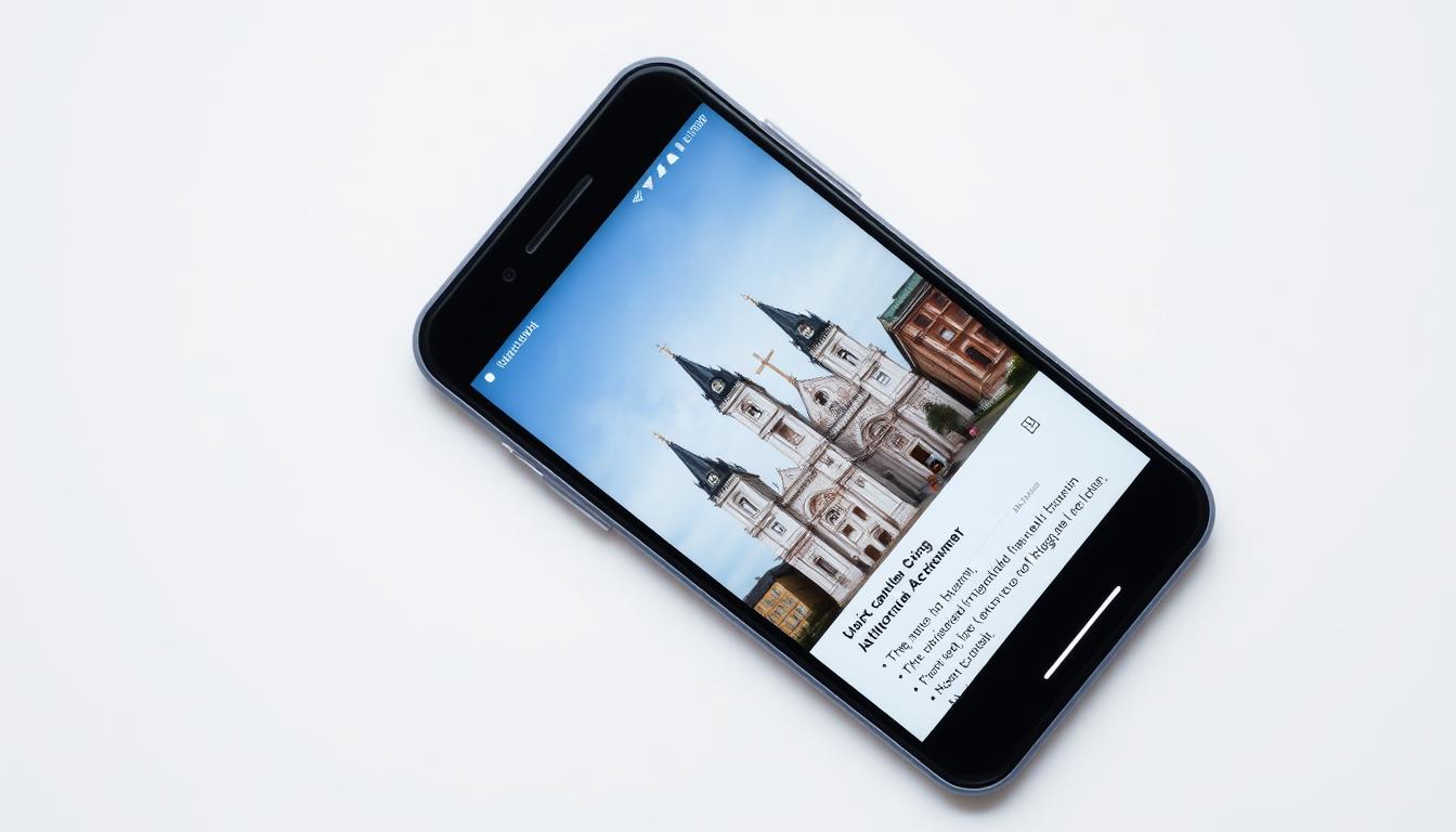 Imagem de um smartphone com um aplicativo católico aberto