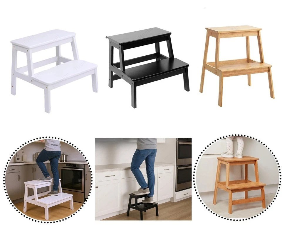 Heavy Duty Bamboo 2 Step Stool Sturdy Wooden Step Ladders For Kids