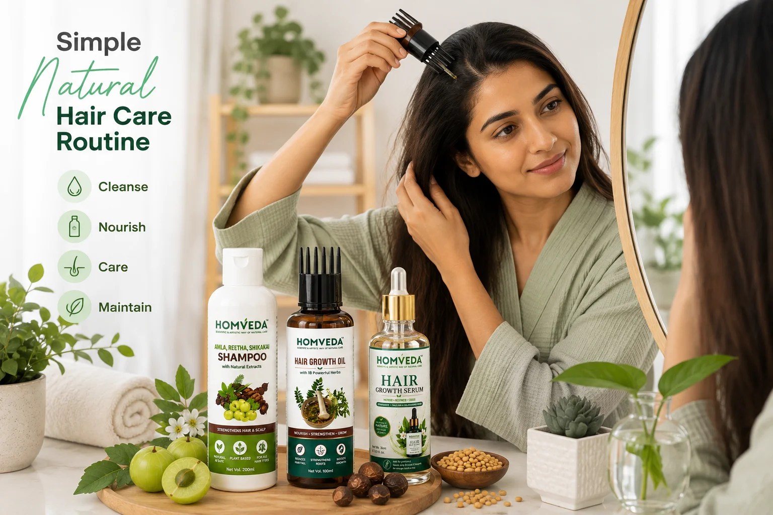 Simple natural hair care routine with HomVeda shampoo, hair growth oil and hair growth serum