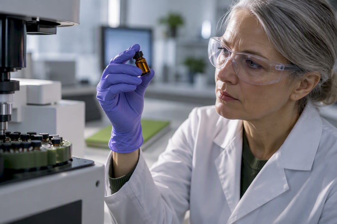 Technician checking CBD batch sample