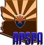 Logo of APSPA featuring an outline of Arizona with a sunburst design and a shield with a star.