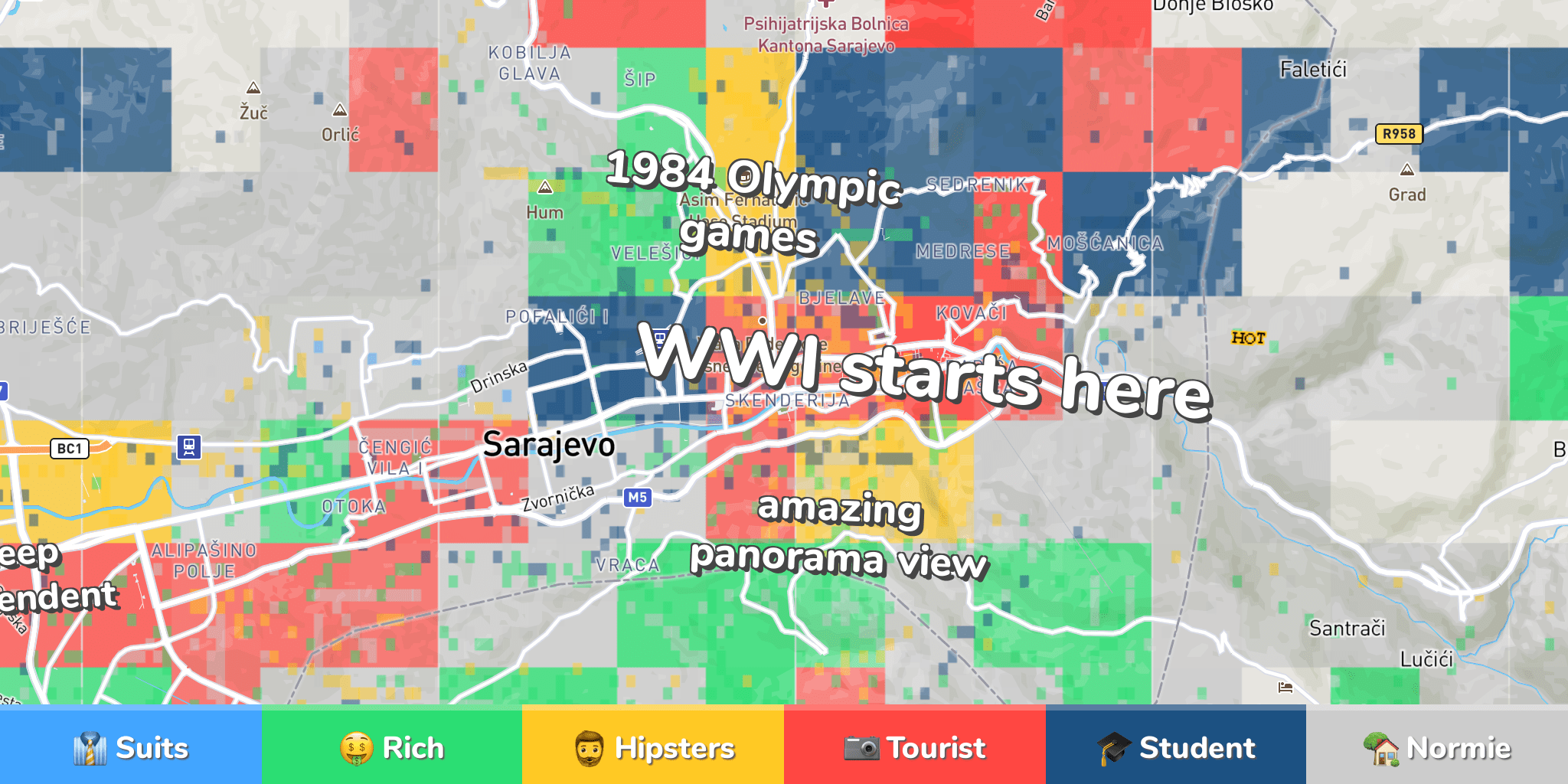 Shows the siege forces which encircled the city and surrounding hills with weapons that included . Sarajevo Neighborhood Map