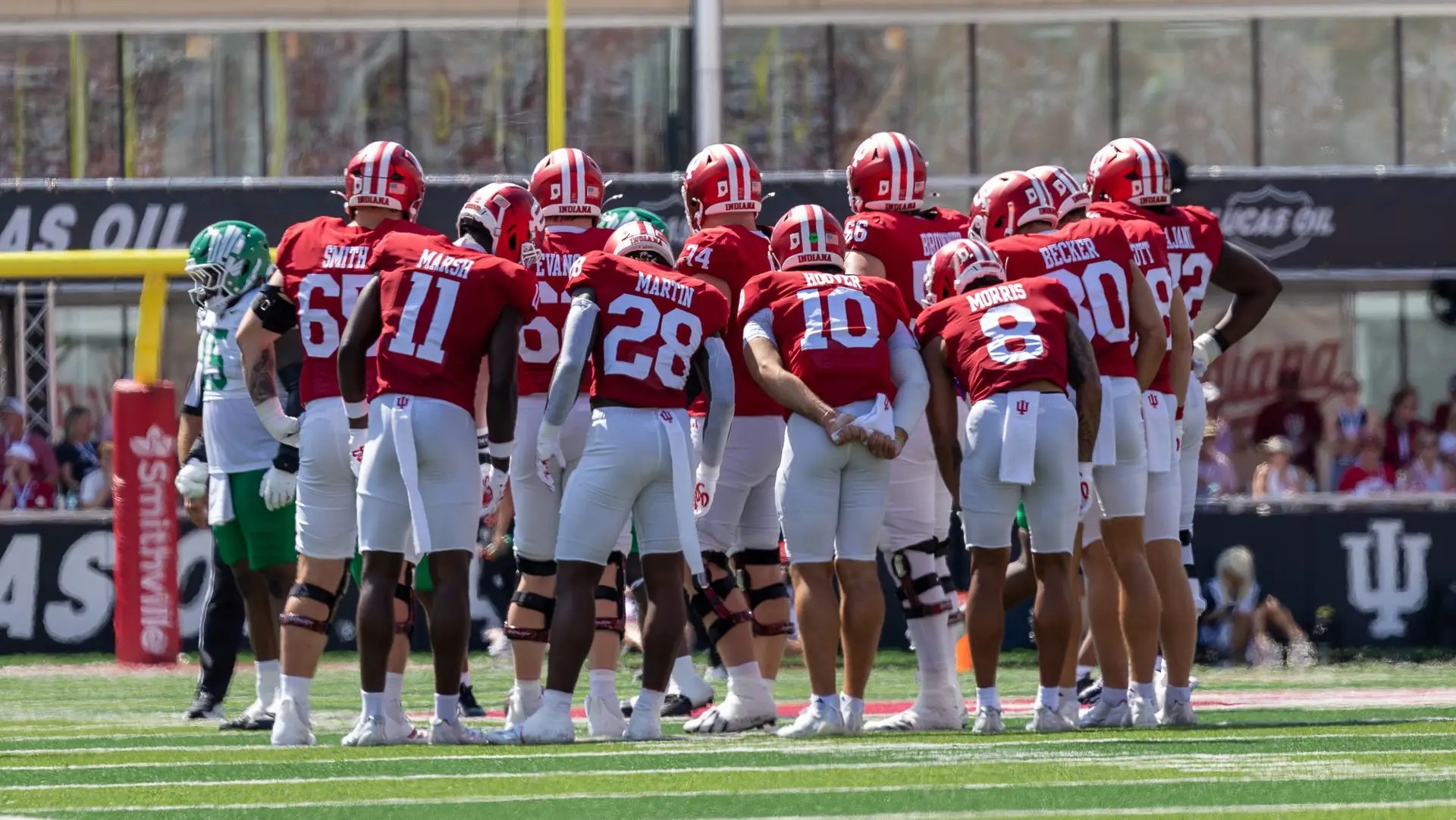 Josh Hoover and Indiana huddle on offense. Image: Olivia Smith, Hoosier Huddle