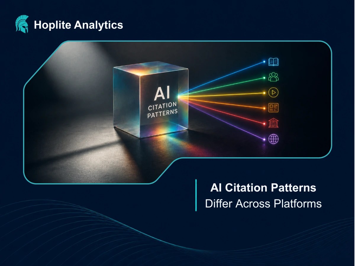 AI citation patterns differ across platforms, shown as a glowing glass cube splitting light into colored paths that lead to icons representing different source types.