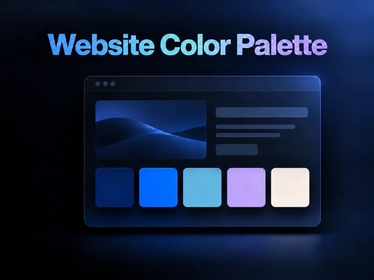 Graphic showing how to create a website color palette, with a dark website mockup and navy, blue, cyan, lavender, and cream swatches.