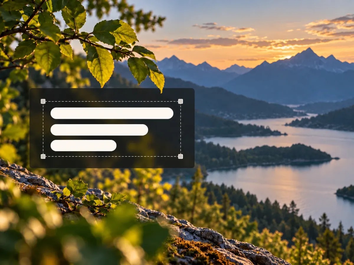 A tutorial graphic demonstrating how to make text stand out on an image, showing white text over a dark overlay on a mountain lake background.