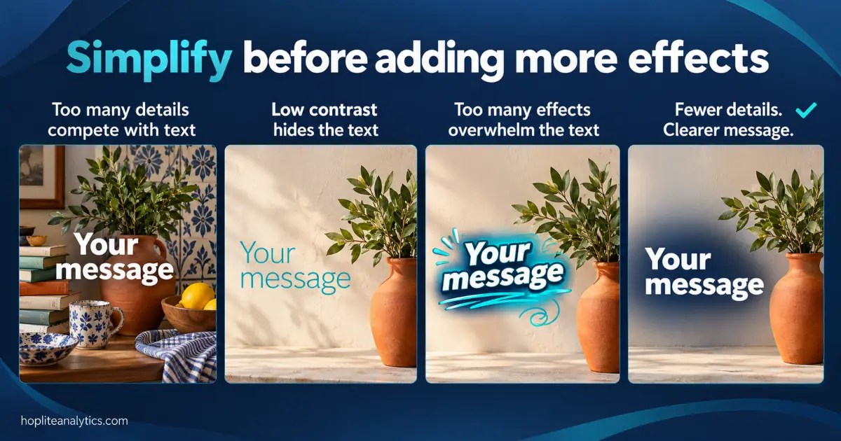 Four panels show “Your message” beside orange vases. From left to right: Panel 1 places white text over a busy scene with books and patterned ceramics. Panel 2 uses thin teal text against a cream wall. Panel 3 adds heavy outlines, shadows, and teal glow. Panel 4 uses bold white text against a navy gradient.