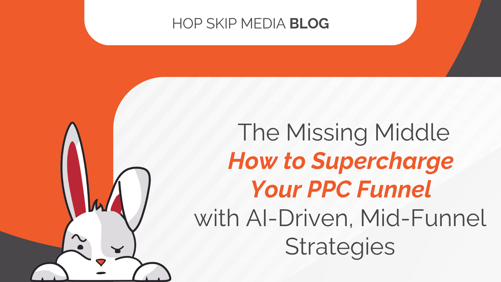A cartoon rabbit peeks out from the corner beneath a blog title about using AI-driven strategies to boost mid funnel PPC performance.