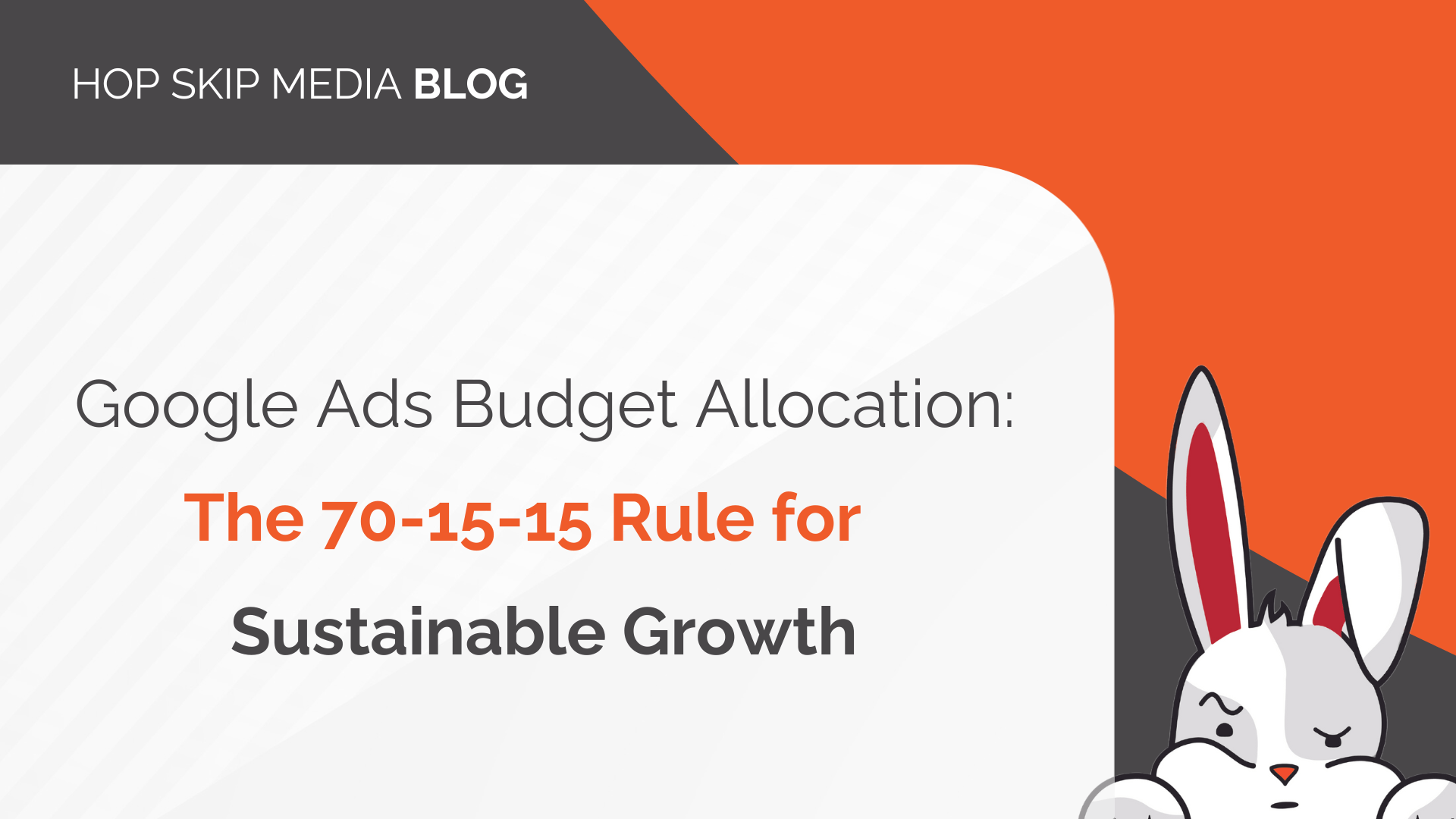 A graphic titled "Google Ads Budget Allocation: The 70-15-15 Rule for Sustainable Growth" features orange and white colors, a cartoon rabbit in the corner, and highlights smart Google Ads budget allocation for lasting results.