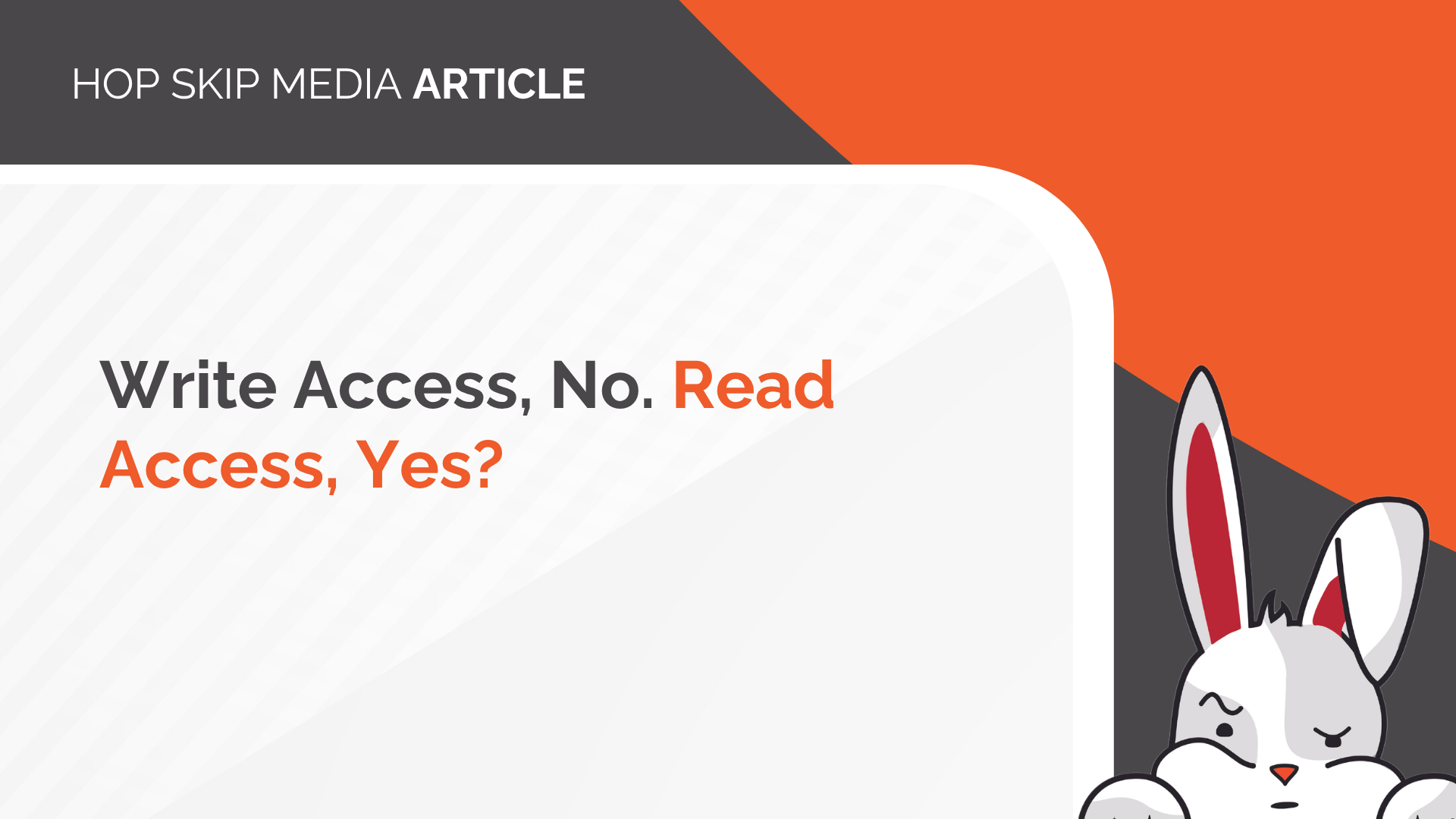 A cartoon rabbit appears in the bottom right corner next to a text box with the headline, “Write Access, No. Read Access, Yes?” and minimalist orange, black, and white design elements that playfully highlight the balance between Read Access and Write Access.