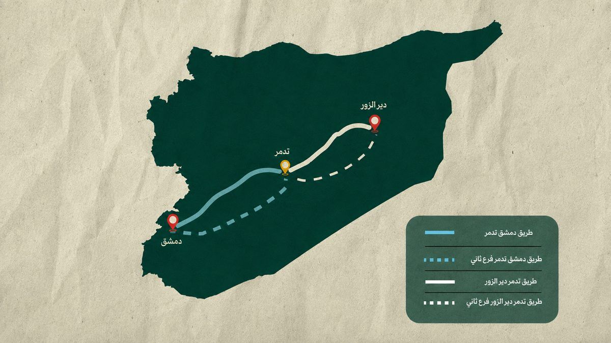 خريطة توضيحية لمشروعي تأهيل طريقي دمشق–تدمر وتدمر–دير الزور وإنشاء مسار ثانٍ لهما – وزارة النقل السورية.