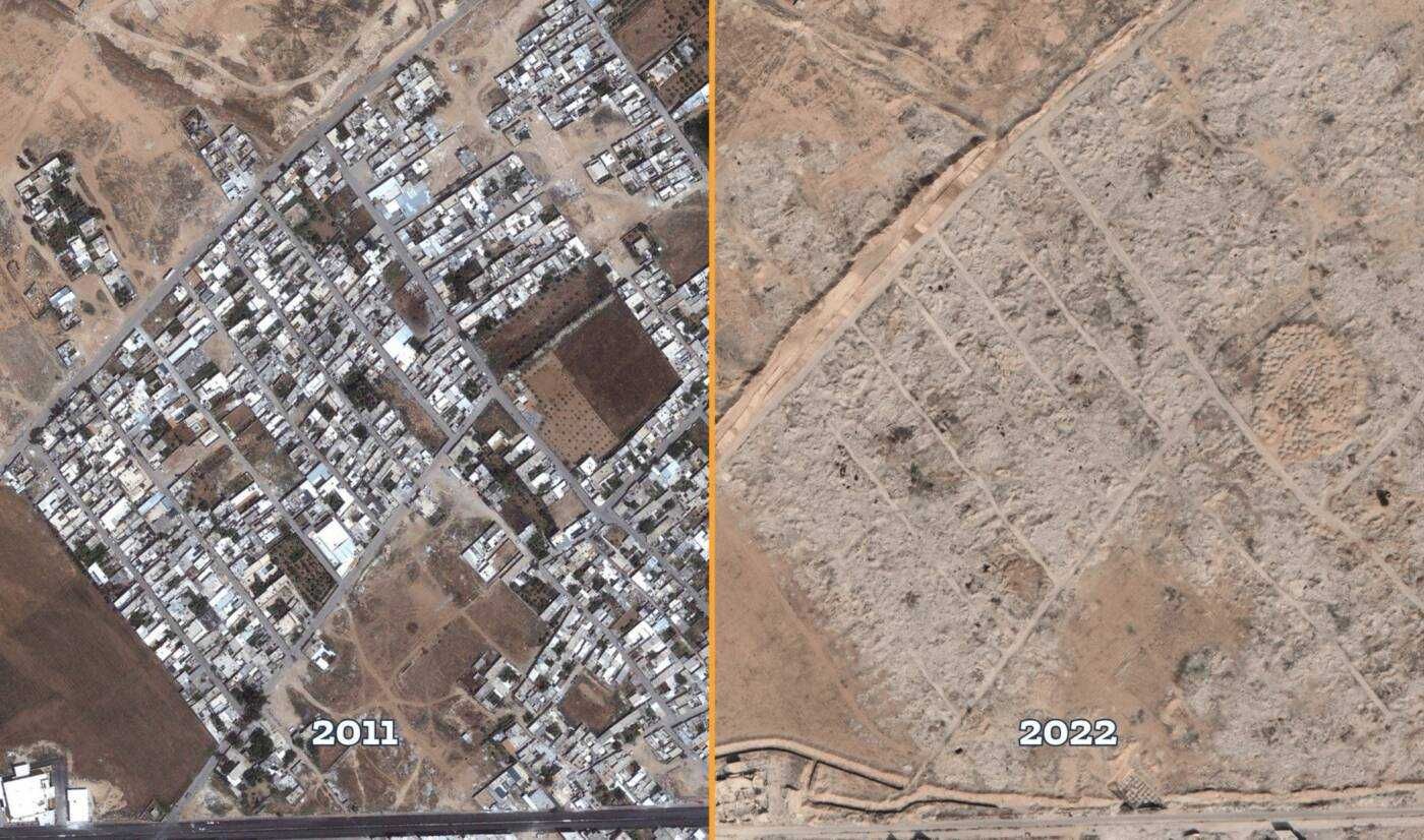 صور أقمار صناعية تظهر حجم التغير والدمار في حي الخليج بمدينة داريا بين عامي 2011 و2022 – Google Earth / Syria Direct.