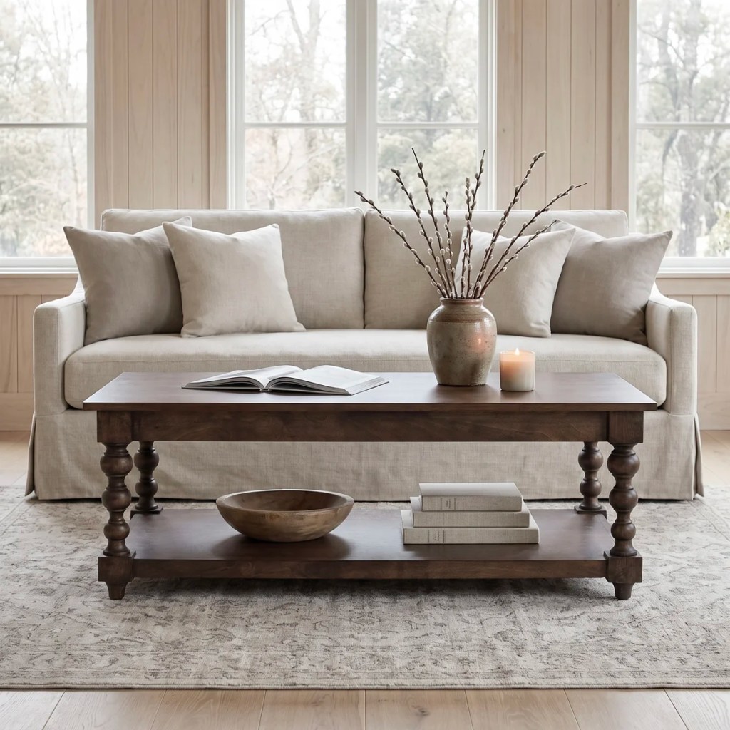 A cozy living room featuring a light-colored sofa with decorative cushions, a wooden coffee table with an open book, a ceramic vase with branches, a lit candle, and a decorative bowl.