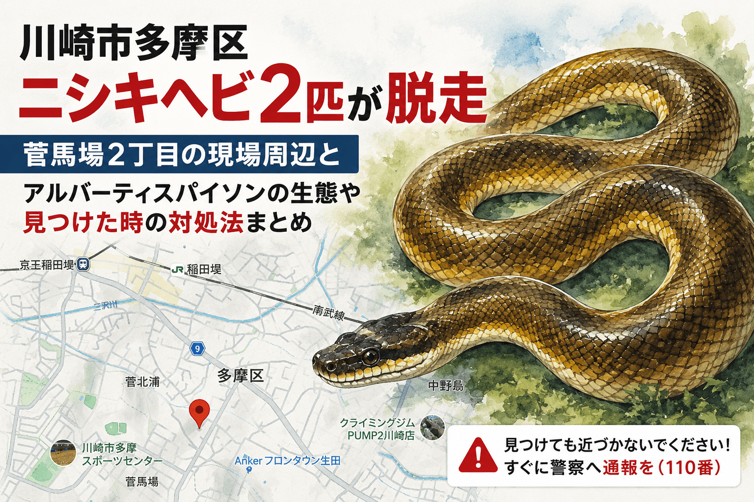 川崎・多摩区でニシキヘビ2匹が脱走｜菅馬場2丁目の現場周辺と生態・見つけた時の対処法