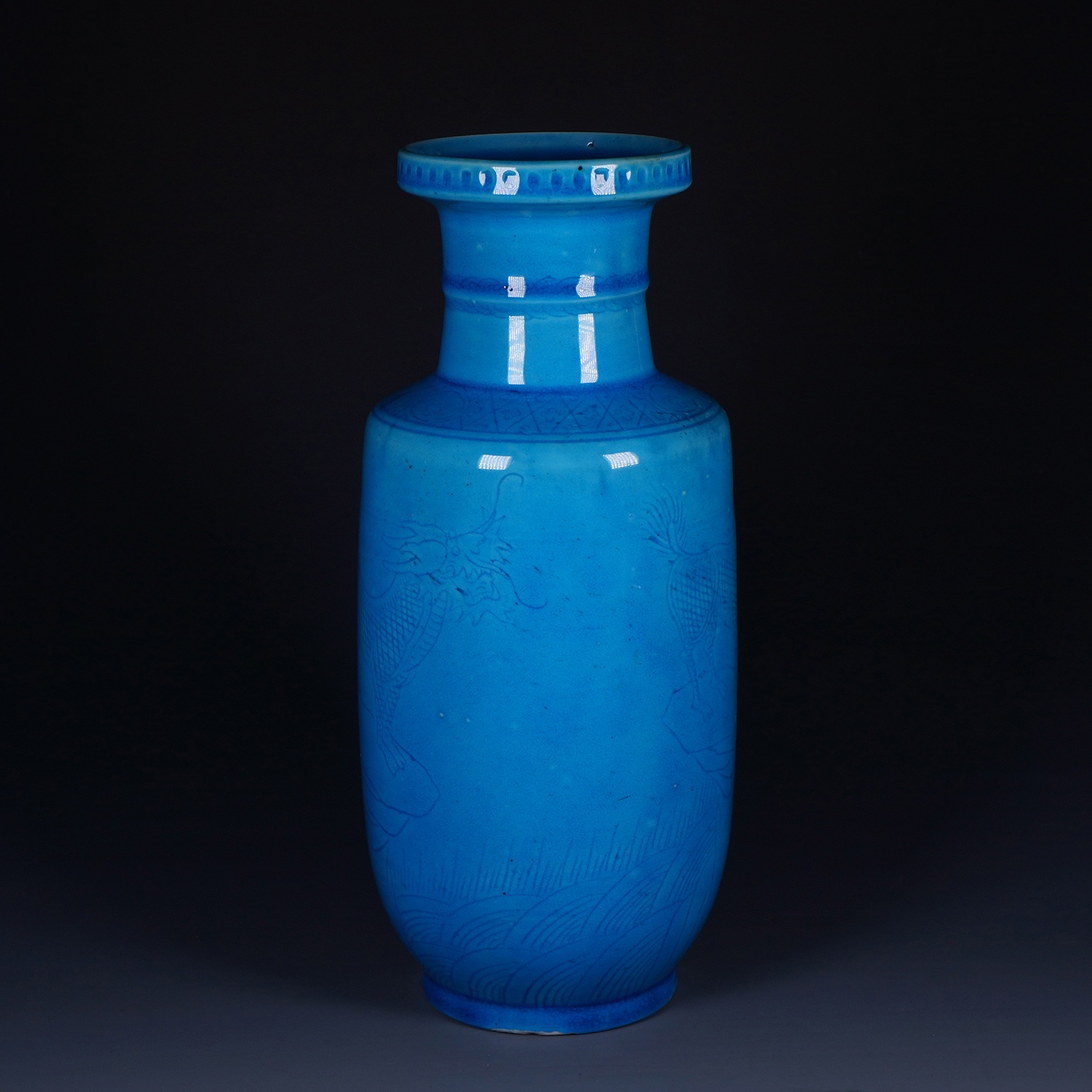 C. 1912-1949 民国 孔雀蓝釉暗刻海兽纹棒槌瓶