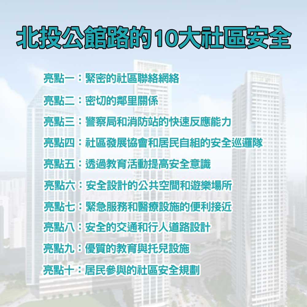 女生一個人住很危險?北投公館路的10大社區安全亮點-您將愛上家庭新家的安全社區|北投之家幸福家庭網02
北投公館路的10大社區安全亮點
公館路社區安全亮點一:緊密的社區聯絡網絡
公館路社區安全亮點二:密切的鄰里關係
公館路社區安全亮點三:警察局和消防站的快速反應能力
公館路社區安全亮點四:社區發展協會和居民自組的安全巡邏隊
公館路社區安全亮點五:透過教育活動提高安全意識
公館路社區安全亮點六:安全設計的公共空間和遊樂場所
公館路社區安全亮點七:緊急服務和醫療設施的便利接近
公館路社區安全亮點八:安全的交通和行人道路設計
公館路社區安全亮點九:優質的教育與托兒設施
公館路社區安全亮點十:居民參與的社區安全規劃