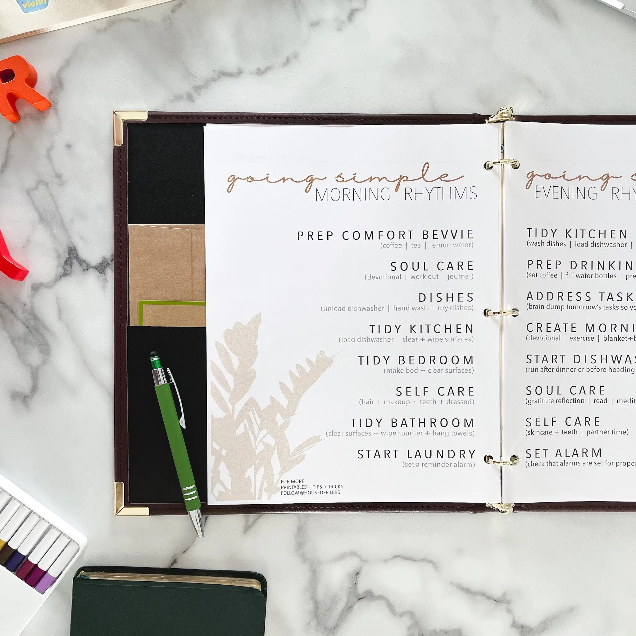 Insert your own pages to customize your spread. This preestablished morning and evening rhythms pack is a free printable at www.houseofeilers.com