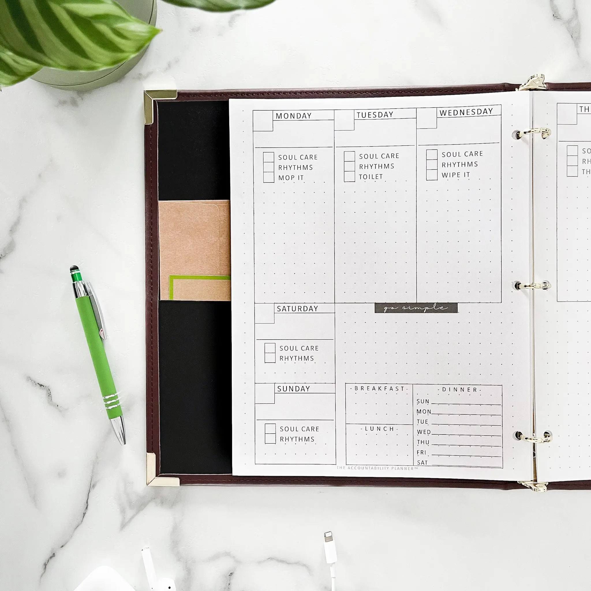 Blank space to fill in dates so you never run out of weekly spreads. Simply reprint as needed. Room dedicated to meal plan and Go Simple. Choose your own weekly task, phrase word or verse. OR follow along with Amy on IG for weekly guidance, inso, tips and tricks.