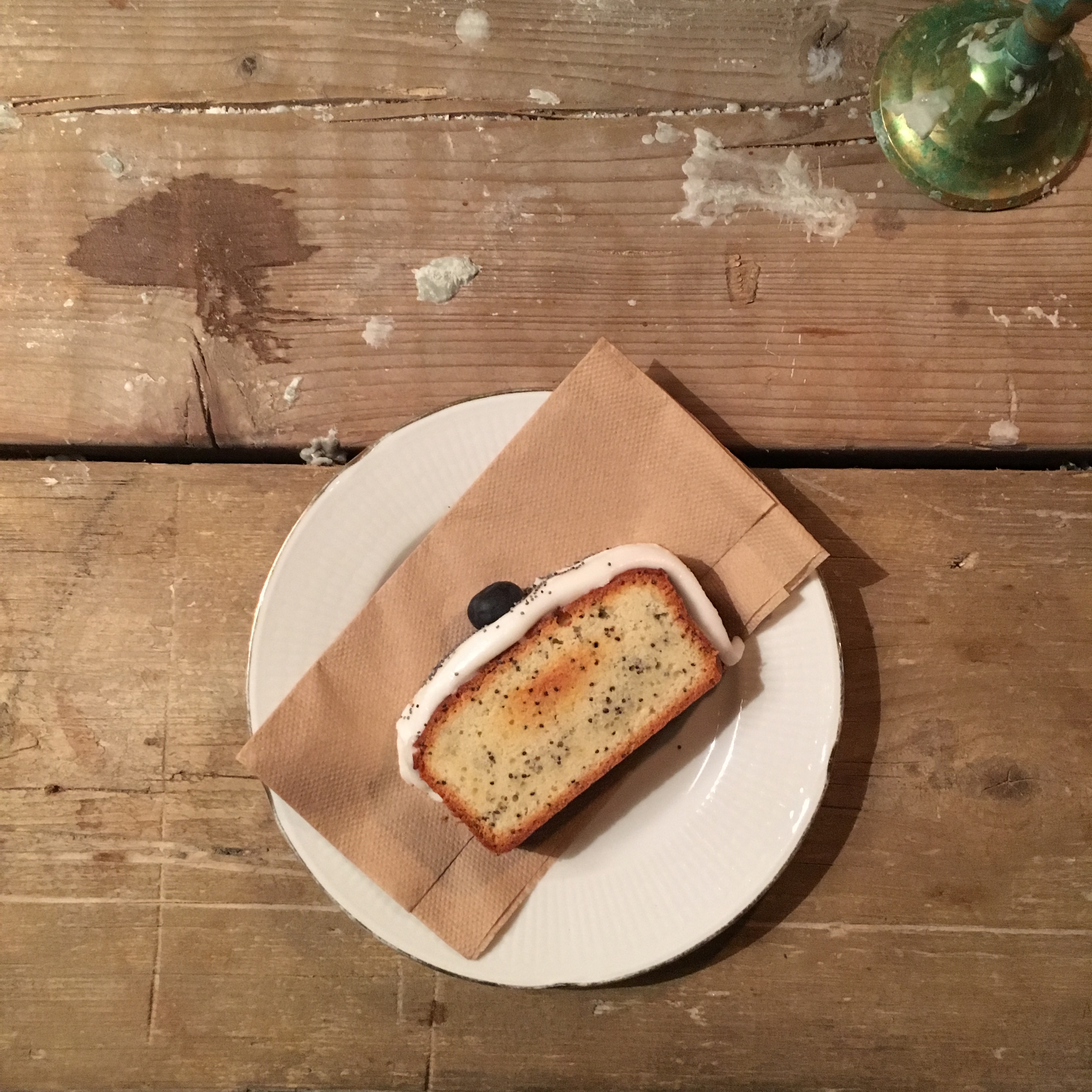 Poppyseed cake with frosting at Snickerbacken 7 Cafe Stockholm Sweden