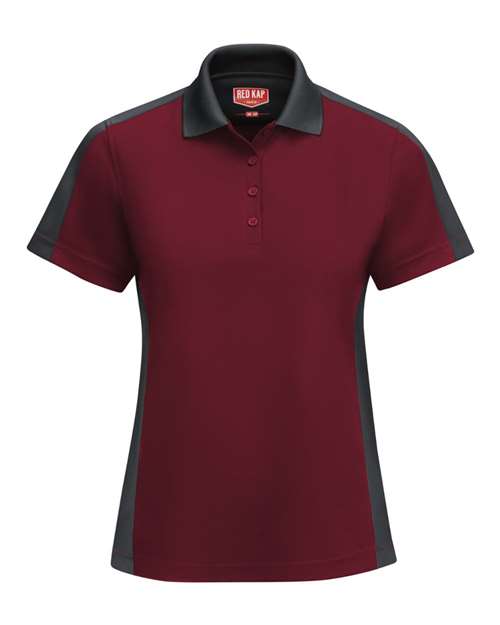 Red Kap Women's Performance Knit Two-Tone Polo in Burgundy/Charcoal, front view