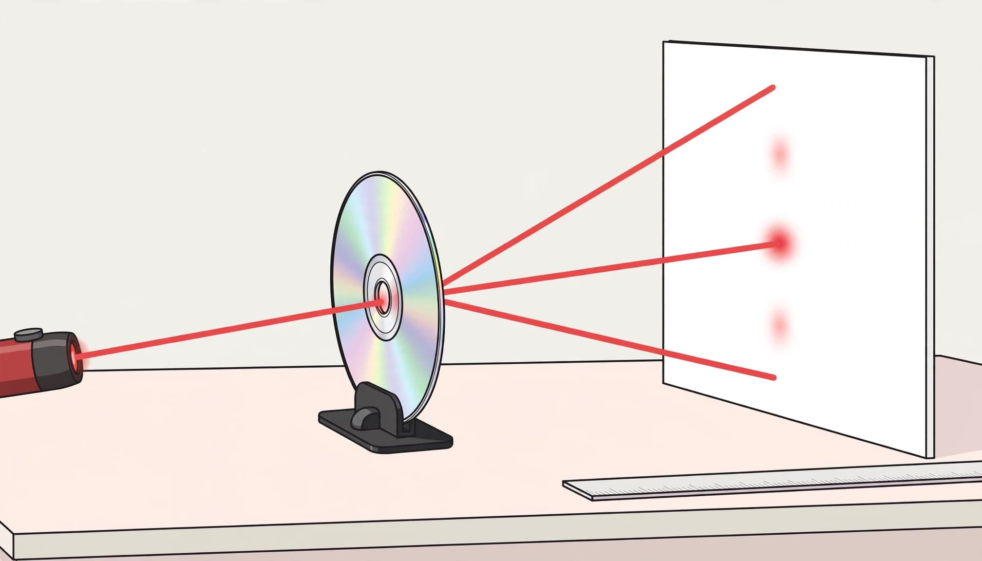 Illustrated laser, CD, and screen arranged for a diffraction demonstration.
