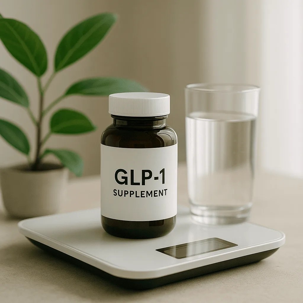 GLP-1 supplement bottle on kitchen scale with water and plant