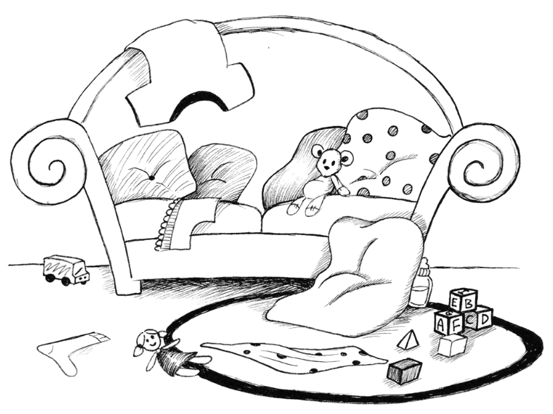 Illustration of a sofa with toys