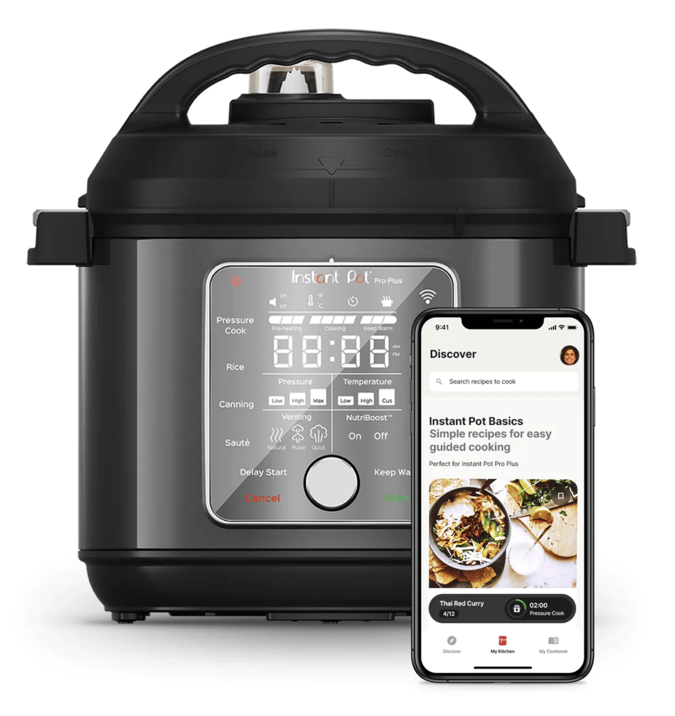 Instant Pot Pro with iphone displaying app that it works with