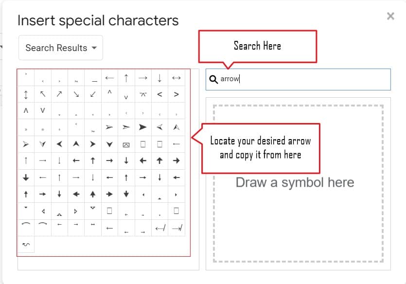 Insert arrows in google docs using the special characters tool