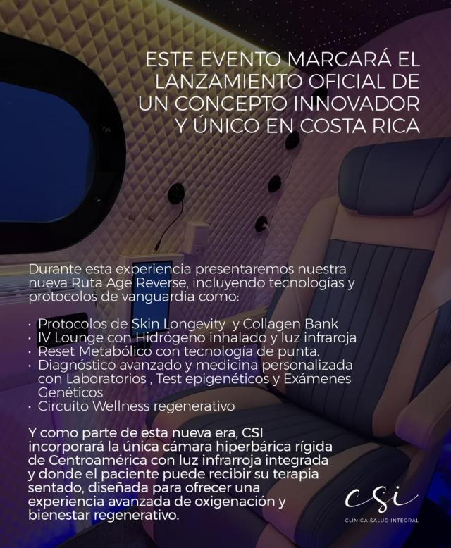 Imagen promocional del evento de lanzamiento de un concepto innovador en Costa Rica, destacando tecnologías de salud como IV Lounge, protocolos de longevidad y medicina personalizada.