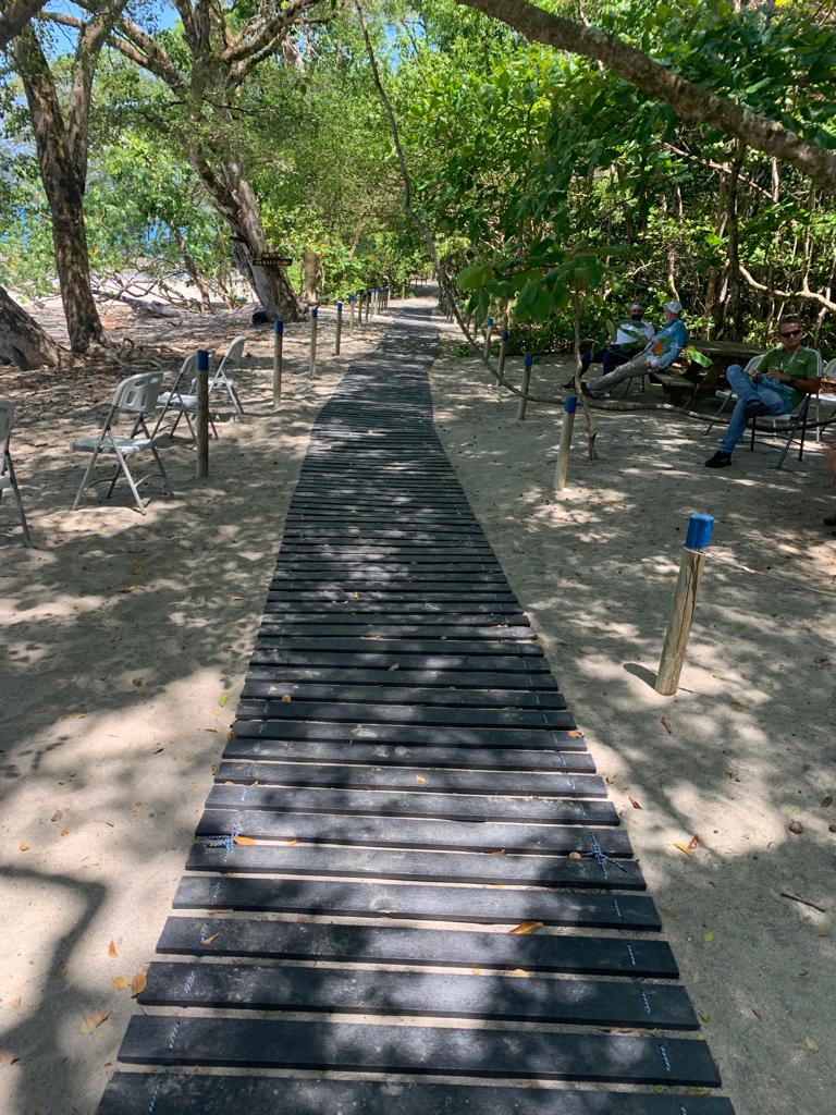 Camino de madera en una zona boscosa cerca de la playa, con sillas a los lados bajo la sombra de los árboles.