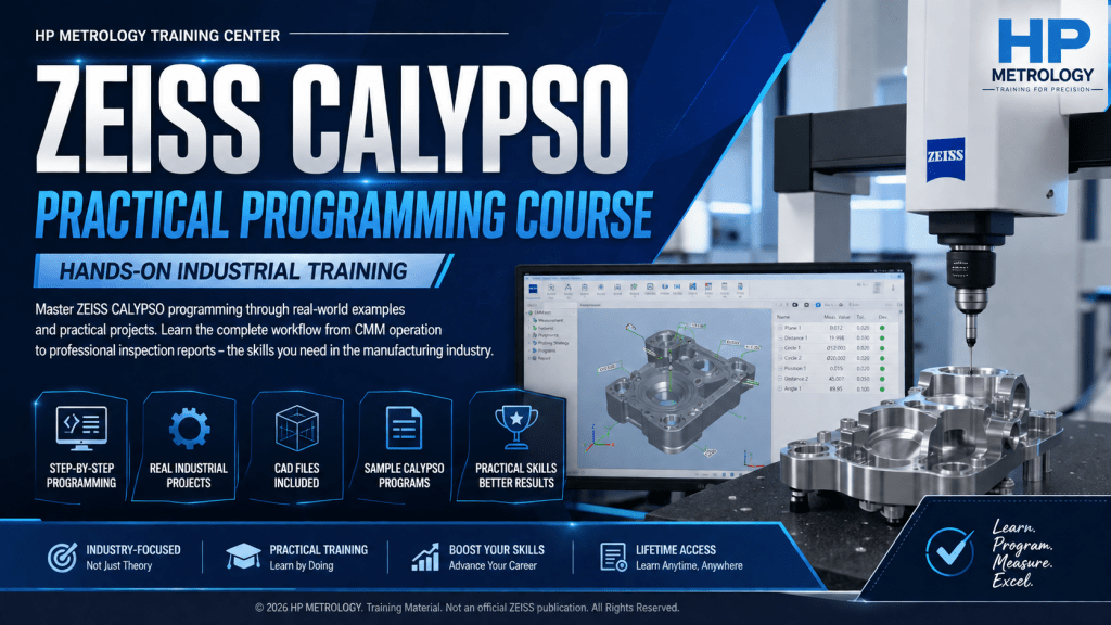 ZEISS CALYPSO Practical Programming Course banner featuring hands-on industrial CMM training, CAD-based measurement programming, real manufacturing projects, and HP METROLOGY professional training.
