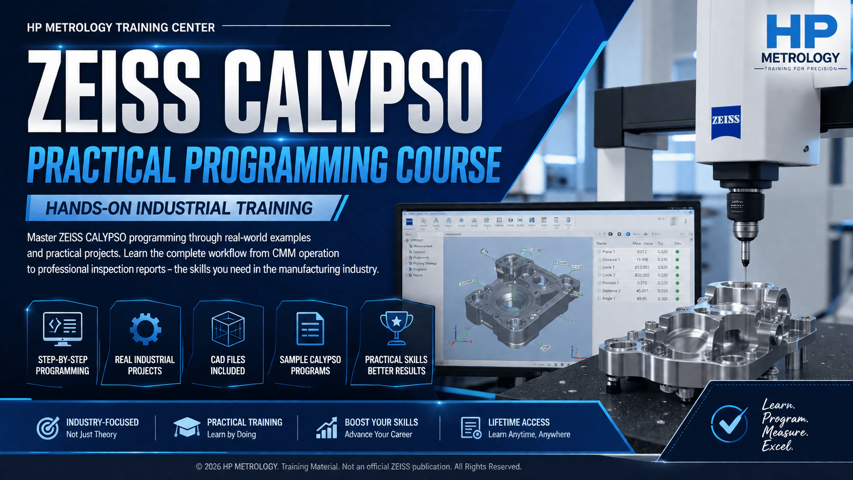 ZEISS CALYPSO Practical Programming Course banner featuring hands-on industrial CMM training, CAD-based measurement programming, real manufacturing projects, and HP METROLOGY professional training.