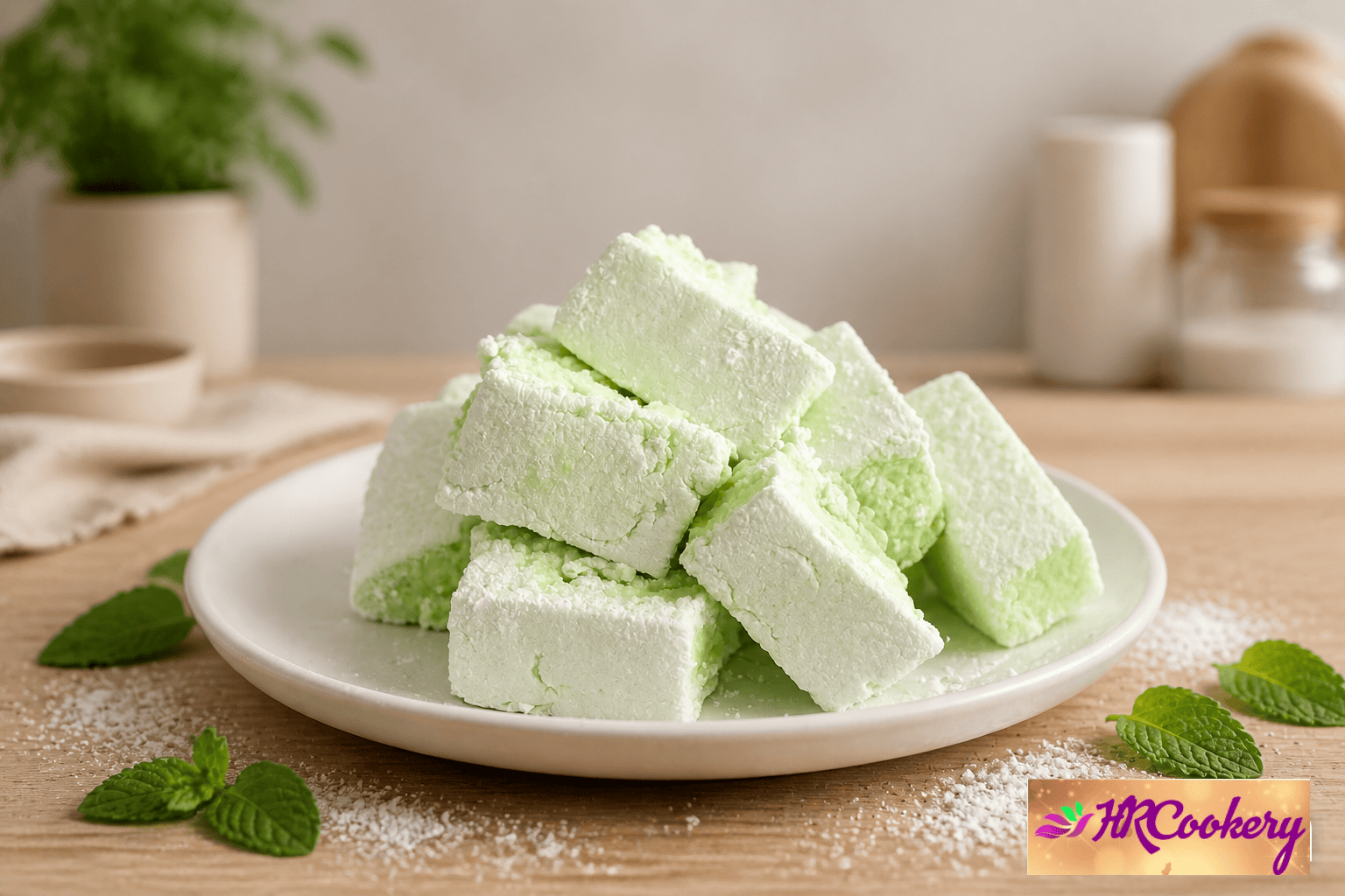 Homemade light green mint marshmallows coated with powdered sugar, arranged on a white plate with fresh mint leaves.