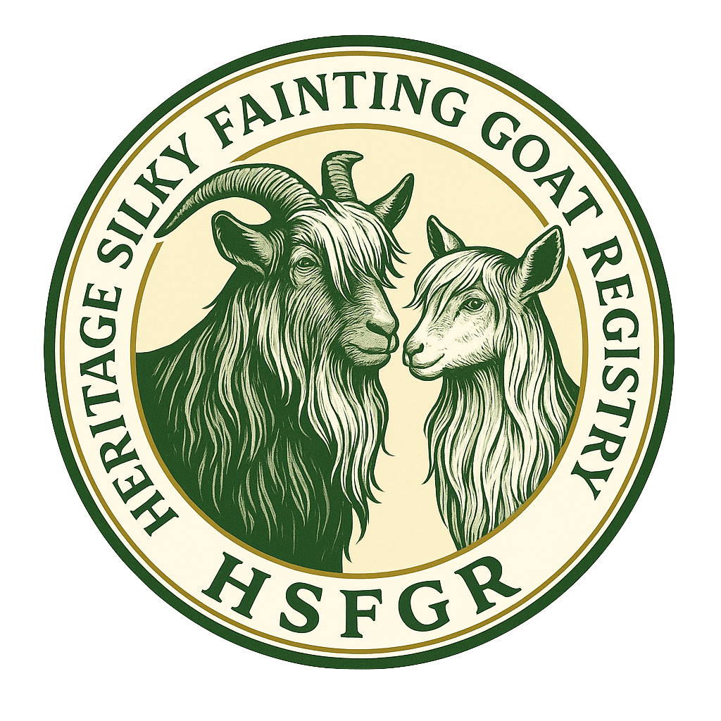 Heritage Silky Fainting Goat Registry logo with illustrated long-haired buck and doe in a green circular seal