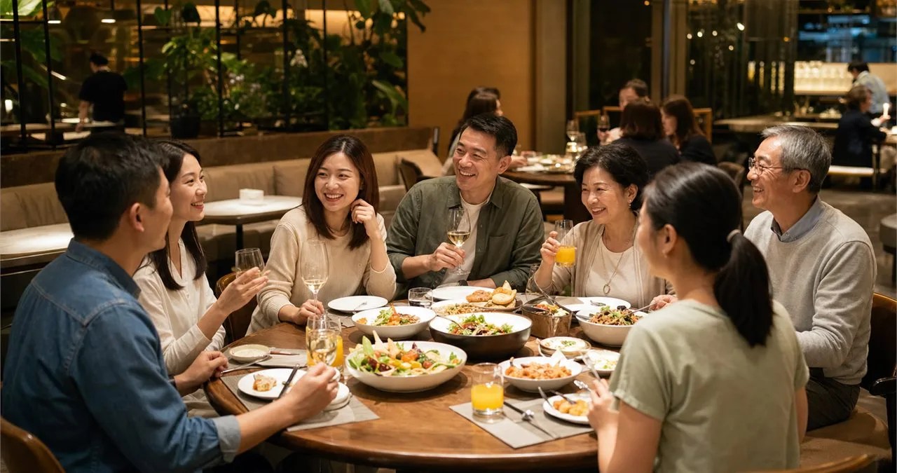 朋友與家人在餐廳共享聚餐並輕鬆交談