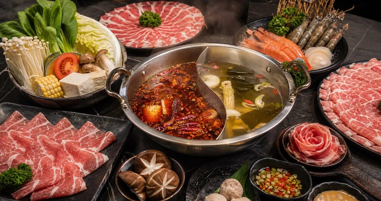 台北吃到飽火鍋的麻辣鴛鴦鍋、肉片與海鮮食材