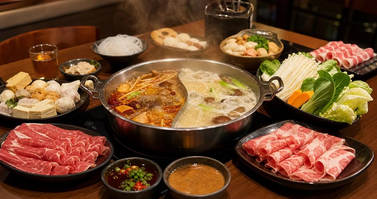 內湖火鍋桌上的鴛鴦鍋、肉片與蔬菜拼盤