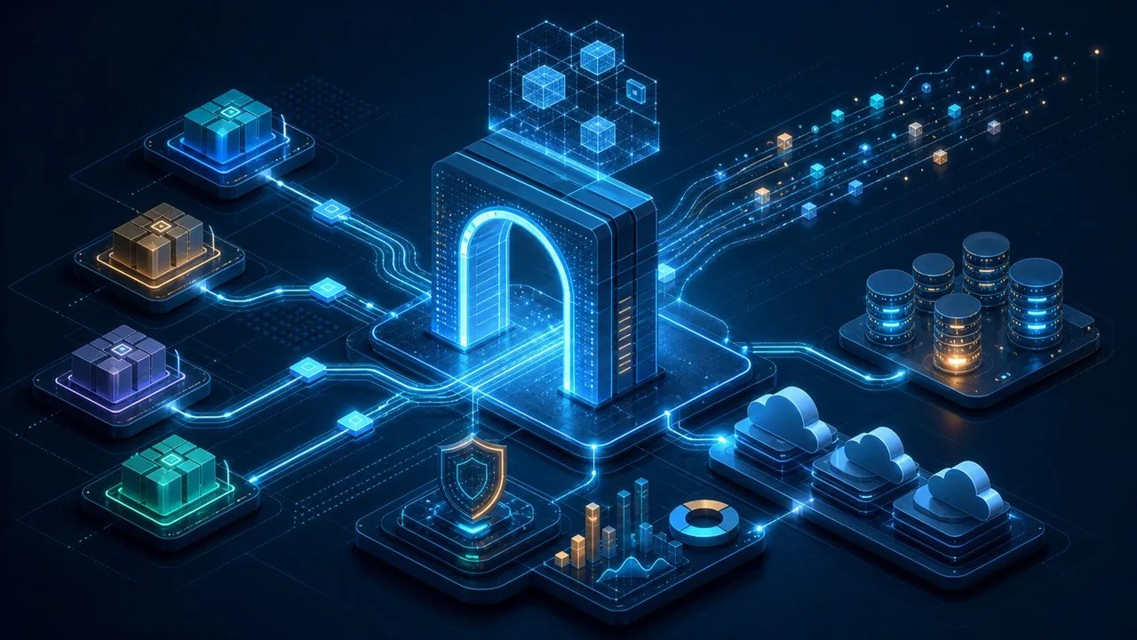中央 API gateway 連接多個服務模組、資料庫、雲端節點、事件串流與安全監控，示意可演進的微服務架構