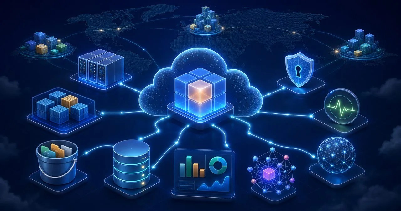 Google Cloud 應用程式連接計算、容器、儲存、資料庫、資料分析與安全服務的雲端架構